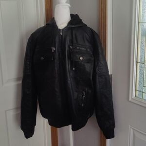 Brave Soul London faux leather faux fur lined black hooded jacket size medium